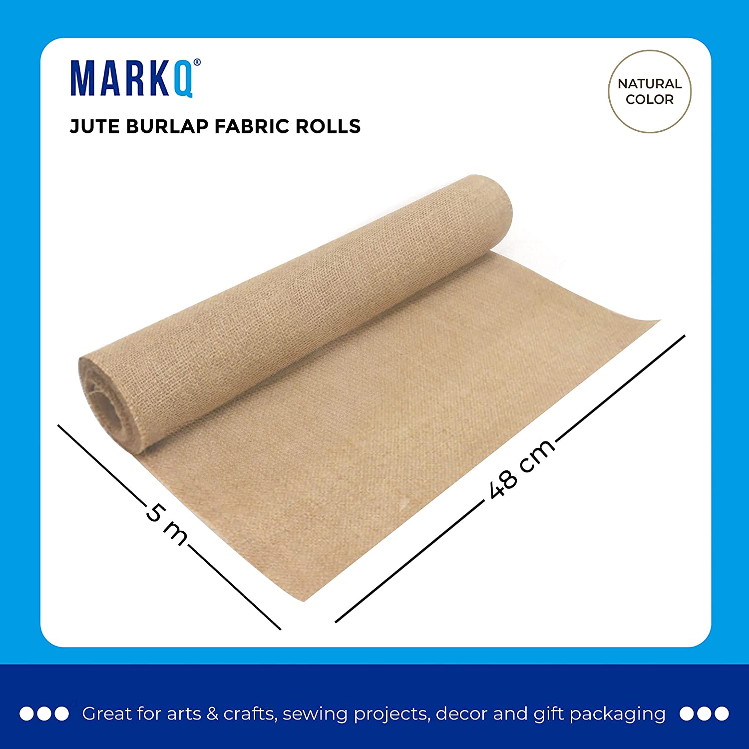 Markq Burlap Fabric Roll, 48 cm x 5 meter Jute Hessian Cloth Table Runner for Crafts, Christmas Kitchen Wedding Party Decor Table Cloth (1 Roll)