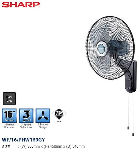 Sharp 16 Inches/40cms Blade 50 Watts Wall Mount Fan, Made In Malaysia, Pjw169 - Dark Grey