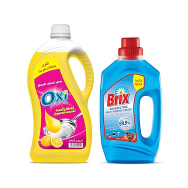 أوكسي سائل غسيل أطباق - بالليمون الأصفر - 2.5 لتر + بريكس منظف - 1 لتر