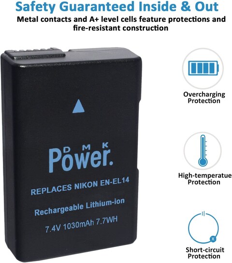 DMK Power EN-EL14 Battery 1030mAh 7.7Wh Compatible with Nikon D5600 D5500 D5200 D5300 D5100 D3400 D3300 D3200 D3100 Coolpix P7000 P7100 P7200 P7700 P7800 Cameras