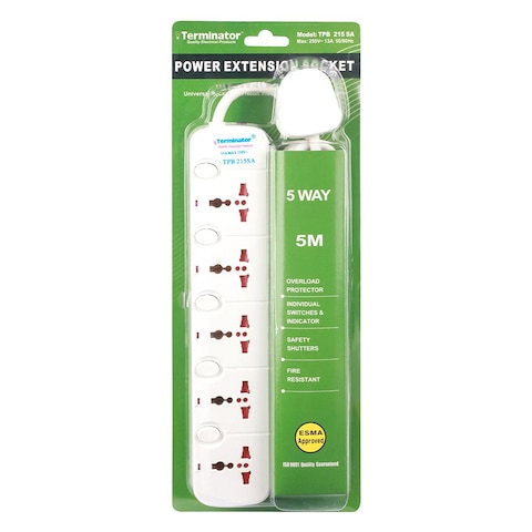 Terminator 5 Way Universal Power Extension Socket 5m Cable Model: TPB 215Sa-5m