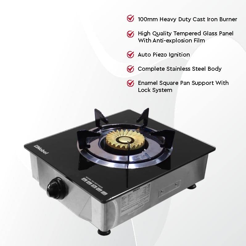 Nobel Single Gas Burner/1 Brass Burner Gas, Heavy-Duty Cast Iron Burner With Piezo Ignition And High Quality Tempered Glass Panel 320 x 410 x 160 (W x D x H) mm NGT1002G With 1 Year Warranty