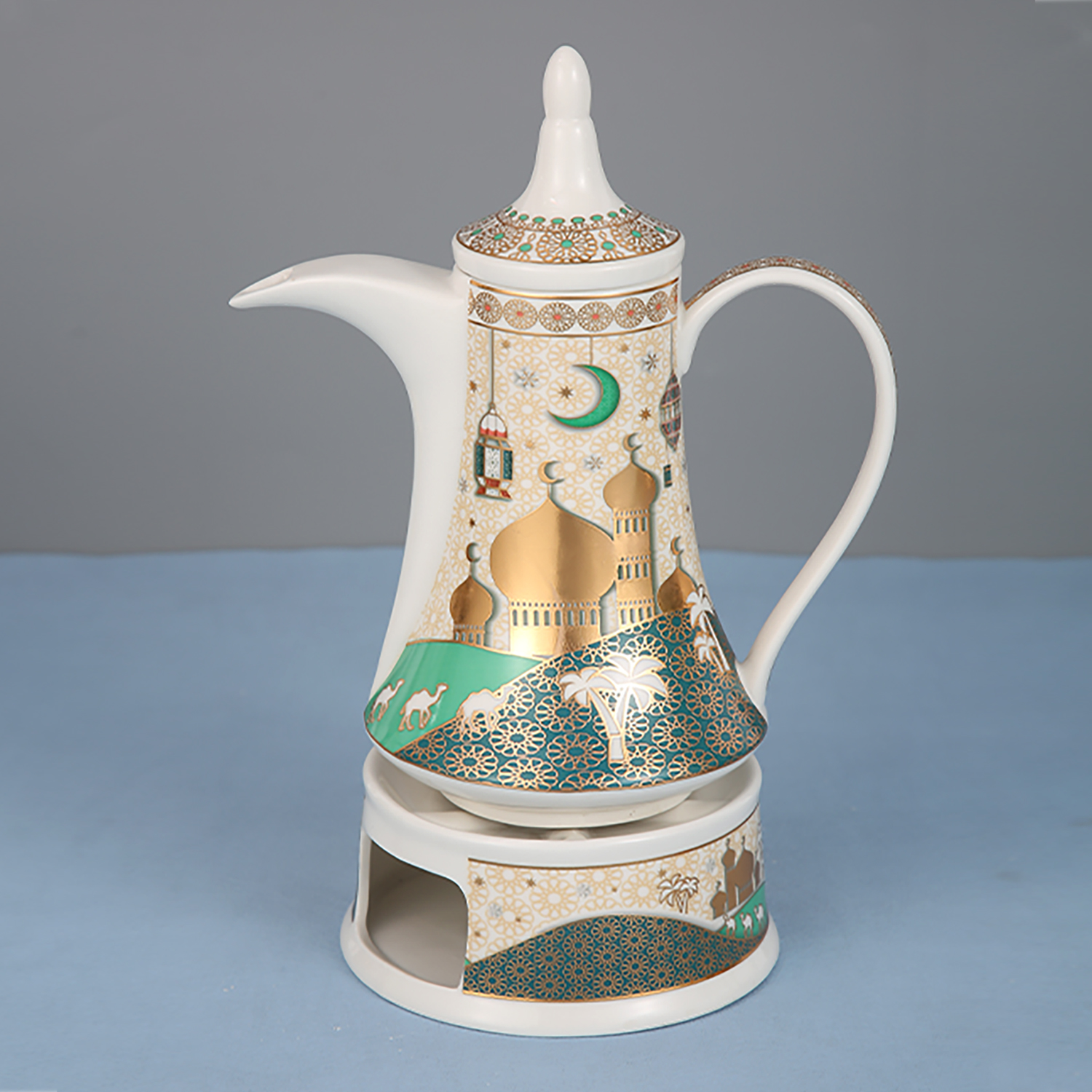 Ramadan Design Arabic Coffee Pot ceramic, Healthy and Extremely Heat Resistant with Candle Warmer, with ramadan design ，gold and green color(L-30*W-7*H-15.5 CM)