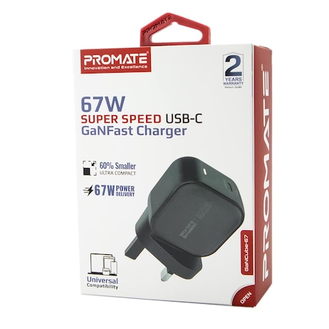 Promate GANCUBE-67.BLACK-UK USB Type-C GaN UK Wall Charger with 67W Power Delivery USB-C 3.0 Port