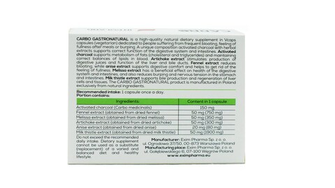 Carbo gastronatural support digestive comfort with activated charcoal, fennel and anise extracts,vegetarian capsules helps gas elimination,relief bloating 30 capsules