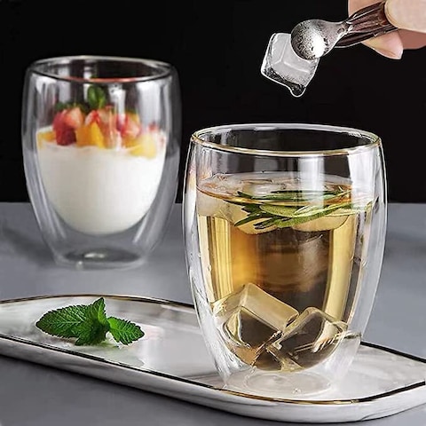 Double Walled Glass Coffee Mugs, Large Insulated Layer Coffee Cups, Clear Borosilicate Mugs, Perfect for Cappuccino, Tea, Latte, Espresso, Wine, Microwave Safe (12OZ/350ml, 4-piece set)