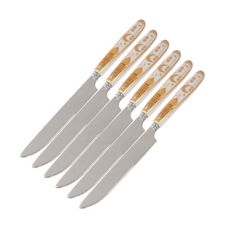 Ramadan Design Heavy Duty Ceramic Handle  Dinner Knives Set of 6 Stainless Steel Butter， Spreader Cheese Knife ，Table Knifes， Silverware Butterknives，Steak Knives，Fruit Knife -Gold And White Color