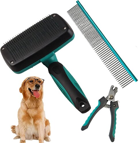 3-Piece Pet Grooming Kit For Cats & Dogs - Self-Cleaning Brush, De-Matting Comb, Bath Brush, Small/Medium Pets, Pink