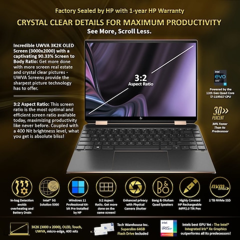 HP Spectre x360 Luxury 14T, 13.5&quot; 3:2 3K2K OLED UWVA Touch, Intel i7-1195G7, 16GB RAM, 1TB NVMe SSD, Intel 5G Sim Slot, B&amp;O Audio, Fingerprint, HP Tilt Pen, Win 11 Pro, 64GB TechWarehouse Flash Drive