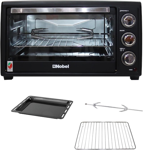 Nobel 35 Litres Electric Oven With 3 Knob Control &amp; 60 Minutes Timer With Bell, Rotisserie &amp; Inner Lamp, Heat Resistant Tempered Glass 1500W NEO36 Black