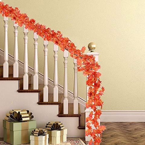 Artificial Maple Leaf Garland DIY Autumn Leaves Vine Fake Foliage Stairs Gardens Fencing Home Party Decoration(12 Strings,Each 2.2m)