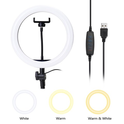 Generic Dimmable LED Selfie Round Light With Phone Clip Brightness Adjustable Lamp 10Inch Black