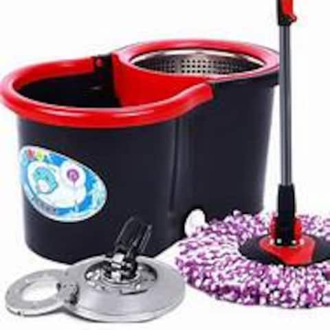 360 Degree Floor Black Spin Mop Bucket Set Spinning Rotating With Stainless steel Hnadle and 1 Cleaning Dry Heads, Color May Vary