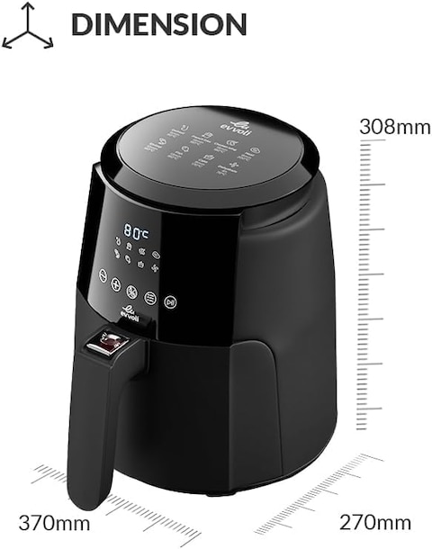 Evvoli Digital Air Fryer 4 Liters No Pre-Heat Needed No-Oil Frying Fast Crispy And Healthy Digital Temperature Control - EVKA-AF4008D