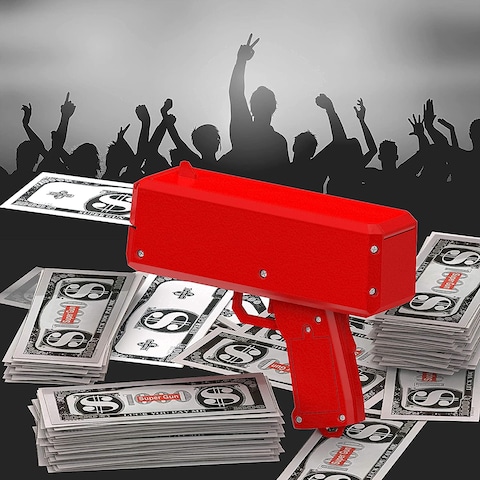 Red Money Gun, Paper Playing Spray Fake Money Gun Make it Money rain Toy Gun, with Pack of 100 pcs of Play Money Cash Gun for Party