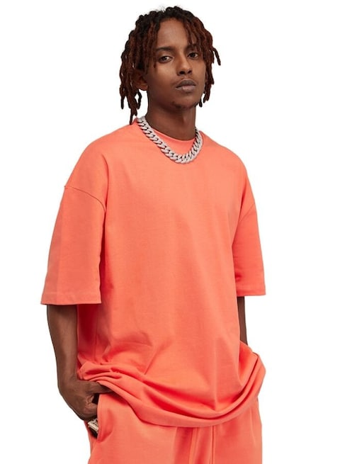 Mei Stylish Men&#39;s Casual Breathable Loose Shoulder Oversize Crew Neck T-shirt, L Size, Orange