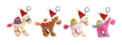 Bundle items - Beige camel + Brown camel + Pink camel + Dark Pink  camel with keyring attachment with Santa hat, size 12cm.

