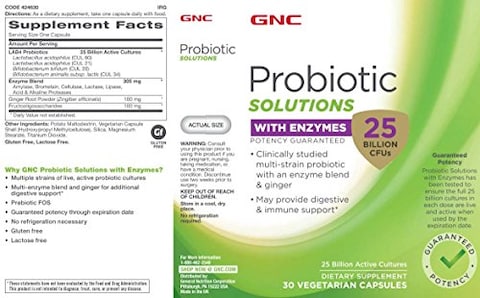Gnc Probiotic Solutions With Enzymes With 25 Billion Cfus, 30 Capsules, Daily Probiotic Support