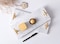 1CHASE&reg; White Rectangular Marble Tray with Golden T Shaped Handles- Vanity Tray, Decorative Tray for Bedroom and Living Area, Perfume Makeup and Jewellery Tray.&hellip;