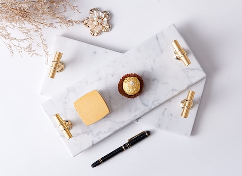 1CHASE&reg; White Rectangular Marble Tray with Golden T Shaped Handles- Vanity Tray, Decorative Tray for Bedroom and Living Area, Perfume Makeup and Jewellery Tray.&hellip;