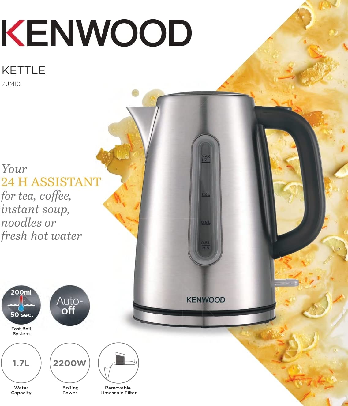 Kenwood Stainless Steel Kettle 1.7L Cordless Electric Kettle 2200W With Auto Shut-Off &amp; Removable Mesh Filter ZJM10.000SS, Silver/Black