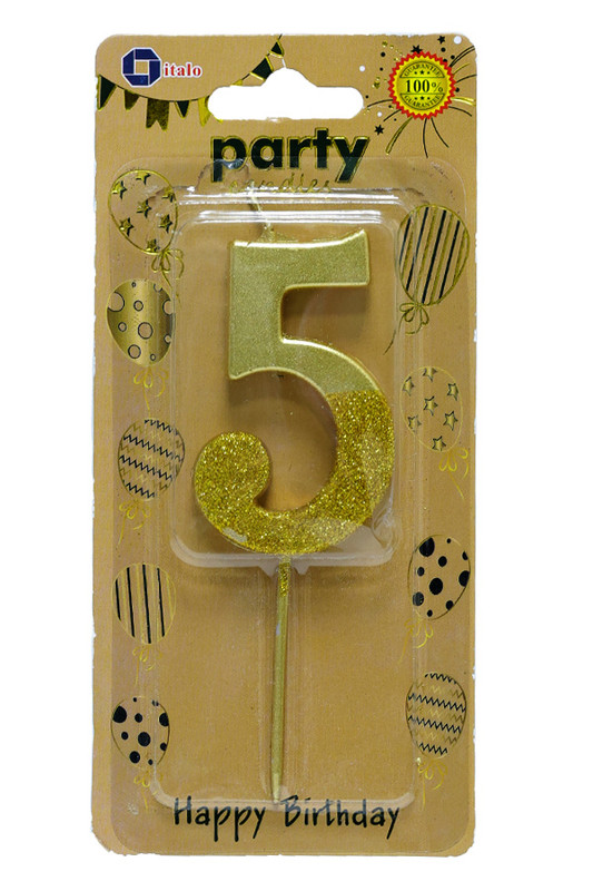 Italo Gold Glitter Dipped Number Birthday Candle - Number 5