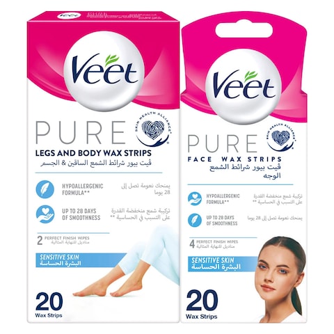 Buy Veet Pure Whole Body And Face Wax Strips White 40 PCS in UAE