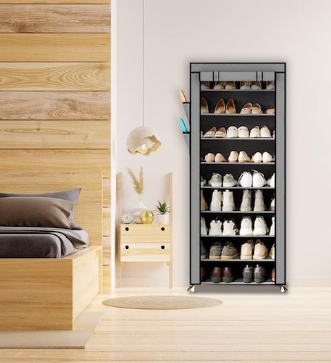 10-Tier Shoe Rack, Shoe Storage, Shoe Rack 58 x 28 x 160 cm, for approx. 27 Pairs of Shoes, DIY, Slim, Made of Non-Woven Fabrics (grey)