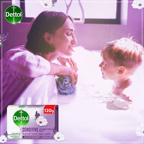 Dettol Sensitive Antibacterial Bathing Soap Bar, Lavender &amp; White Musk Fragrance, 120g