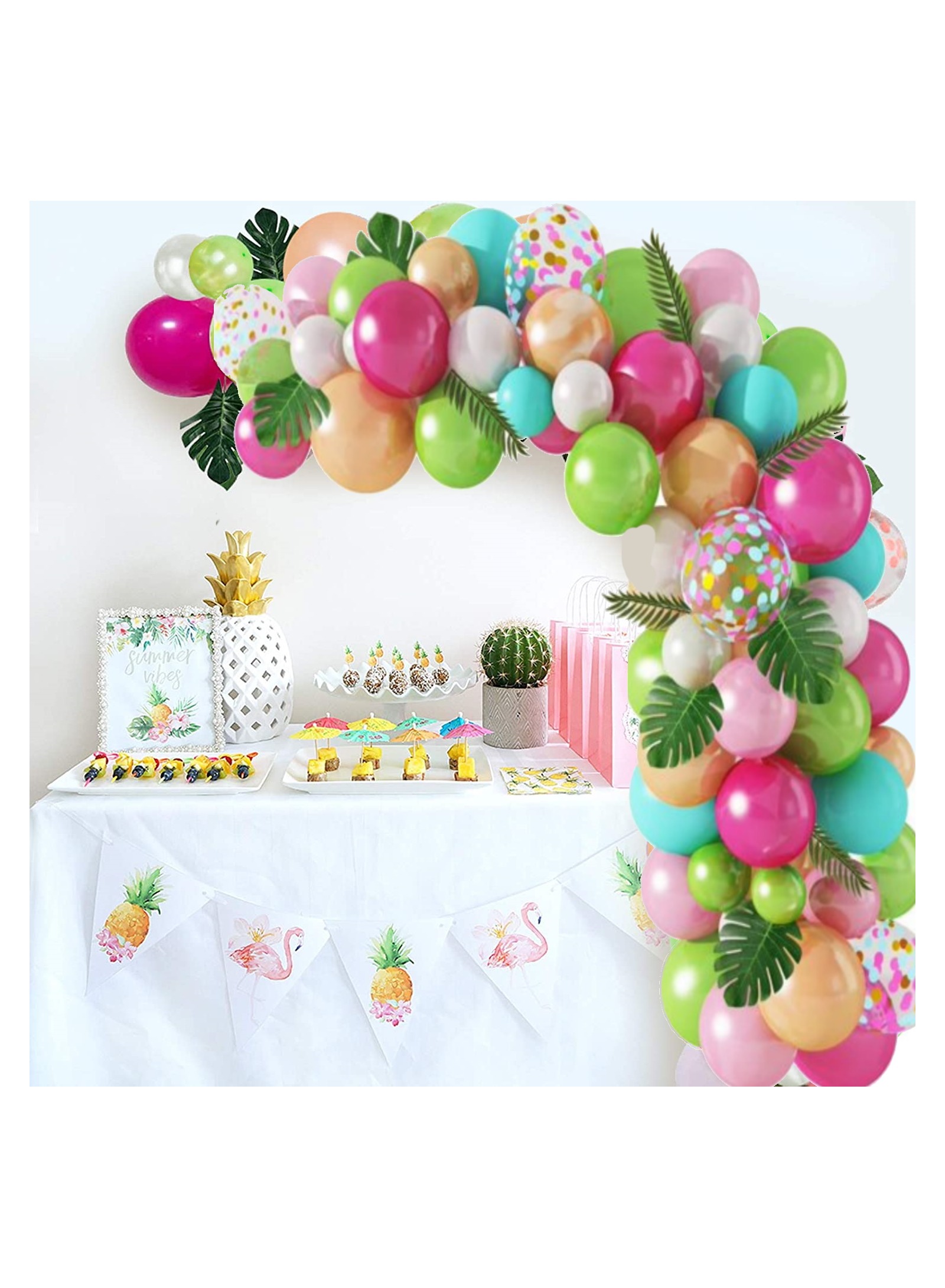 Tropical Arch Garland Kit, Green Hot Pink Confetti Latex Balloons Palm Leaves for Hawaii Flamingo Birthday Baby Shower Wedding Party Decorations Supplies (109pcs)