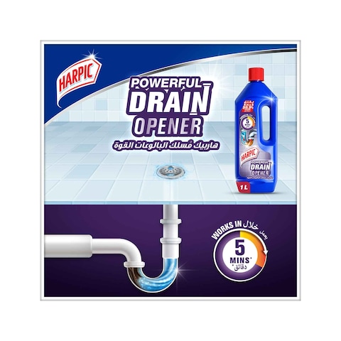 Harpic Powerful Drain Opener, Kills 99.9% Germs, 1L