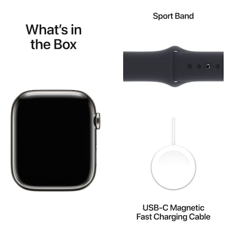 Apple Watch Series 9 LTE 41mm Graphite Stainless Steel Midnight Sport Band Medium/Large