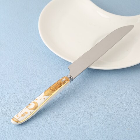 Ramadan Design Heavy Duty Ceramic Handle  Dinner Knives Set of 6 Stainless Steel Butter， Spreader Cheese Knife ，Table Knifes， Silverware Butterknives，Steak Knives，Fruit Knife -Gold And White Color