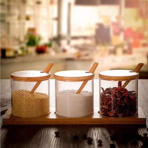 1CHASE&reg; 3 Pcs Spice Condiment Container Canister Pots with Wooden Base, Spoon and Lid.