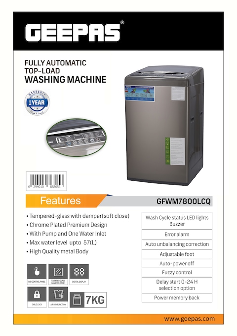Geepas 7kg 800rpm Fully Automatic Top Load Washing Machine Grey GFWM7800LCQ, 1 Year warranty