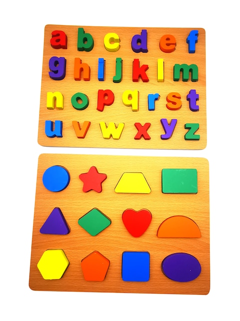 Wooden ABC Alphabet  Shape Learning Puzzles Toys with Puzzle Board & Letter Blocks