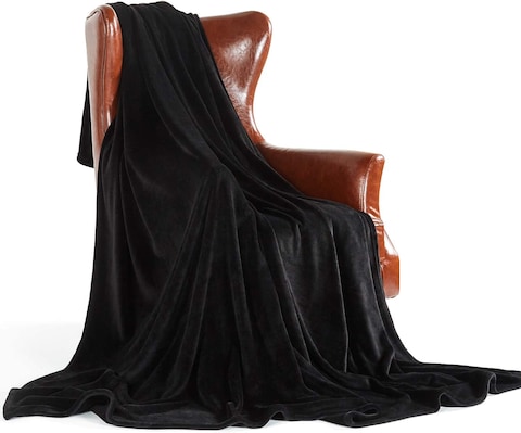 Fabienne Silky Soft Double Blanket Plain Bed Blanket, Black, 200X220cm
