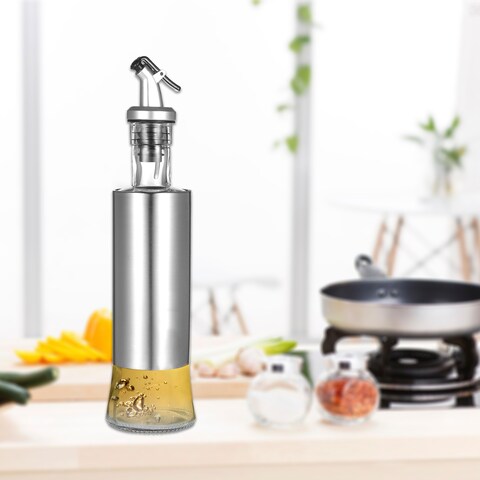 Generic-Olive Oil Dispenser Glass and Stainless Steel Bottle Drizzler Vinegar and Oil Cruet with Pourer Drip-Free Spout for Kitchen 300ml / 10oz
