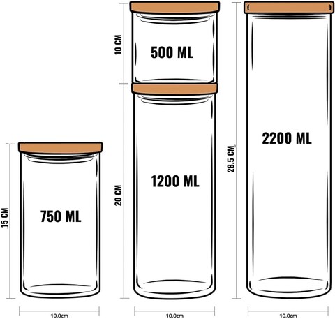 1CHASE Borosilicate Glass Jars With Bamboo Lids, Glass Food Storage Jars With Wood Lids For Pantry-4 Pcs Set (2200ml/ 1200ml/ 750ml/ 500ml)