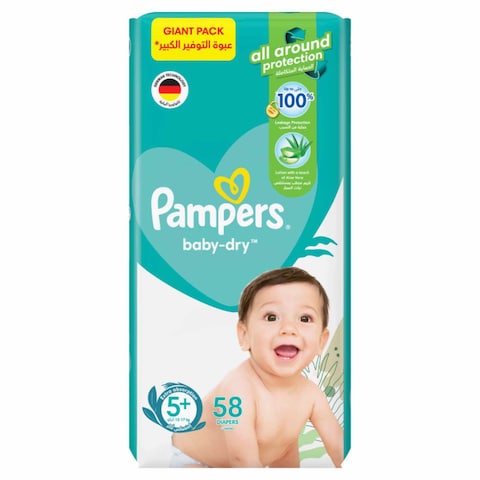 Pampers Baby-Dry Diapers with Aloe Vera Lotion and Leakage Protection  Size 5+ 12-17kg 58 Diapers