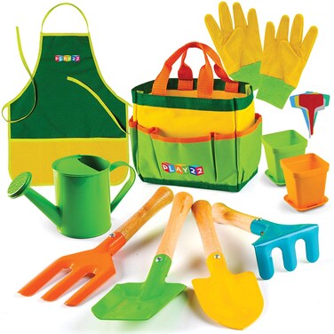Play22 Kids Gardening Tool Set 12 Pcs, Tools Shovel, Rake Fork Trowel Apron Gloves Watering Can And Tote Bag Wooden For Best Outdoor Toys Gift Boys Girls