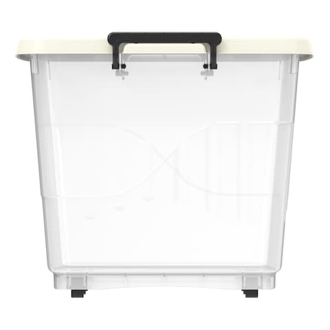 Cosmoplast Plastic Storage Box With Wheels And Lockable Lid White And Clear 82L
