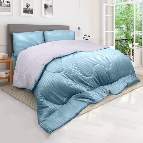 Hotel Linen Klub Reversible Down Alternative Comforter Set, Ultra Soft Brushed Stripe Microfiber Fabric, 200GSM Soft Fibersheet Filling, Size: King 240 x 260cm, Aqua &amp; Light Grey