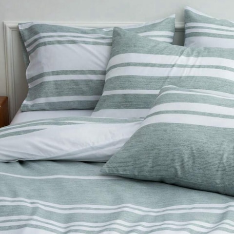 Luna Home Single Size 4 Pieces Green Stripe Design Duvet Cover Set