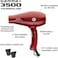 Gamma+ 3500 Ionic Hair Dryer With Powerful AC Motor, Tourmaline Technology, Made In Italy, Red