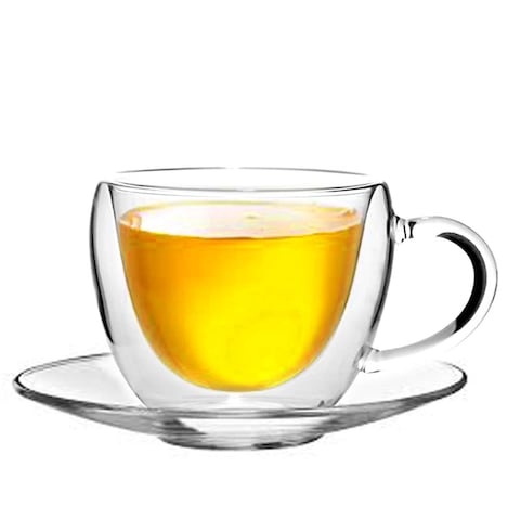 LIYING Double Wall Glass Teapot Set Combined With  Teapot 1 x 600ml ,1 Candle Warmer ,  Clear Classic designedTeacups and Sauce [6 x 120ml], Heat-resistant Stovetop Dishwasher Safe Teapot with Removab