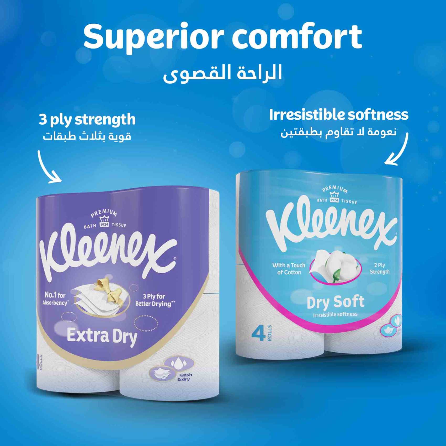 Kleenex Dry Soft Toilet Tissue Paper 2 Ply 12 Rolls x 200 Sheets Embossed Bathroom Tissue With A Touch Of Cotton