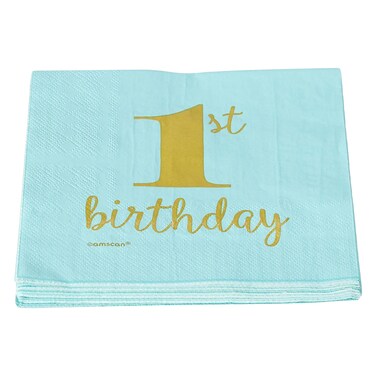 Amscan First Birthday Boy Beverage Napkin Blue And Gold 16 Pieces