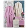 My Vita 6-Piece Turkish Cotton Family Bathrobe Set Bridal Shower Gift Set With Matching Bath Towels And Hand Towels In Attractive Gift Box - Pink/Off White