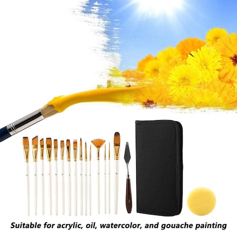 Doreen 17Pcs Artist Paint Brush Set with Carrying Black Case Paint Knife Sponge for Watercolor Brush Oil Acrylic Drawing Painting（GC1747A）